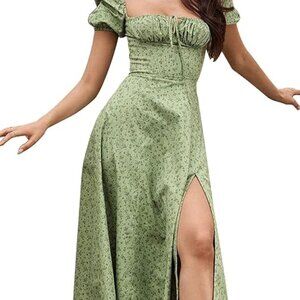 Women Floral Puff Sleeve Maxi Dress Elegant Cottagecore Ruched Split A-Line
